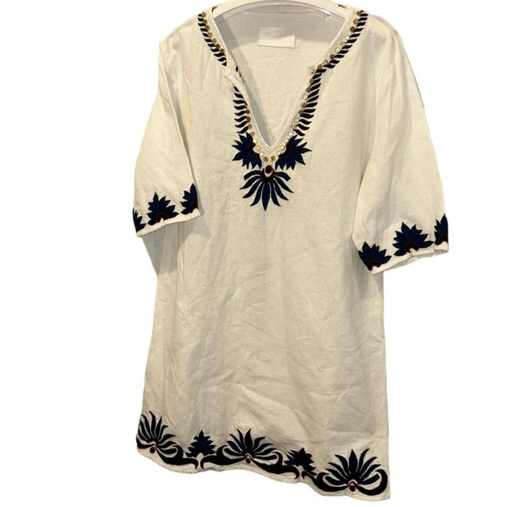 Piper by Townsen white navy blue red embroidered flowers tunic dress L